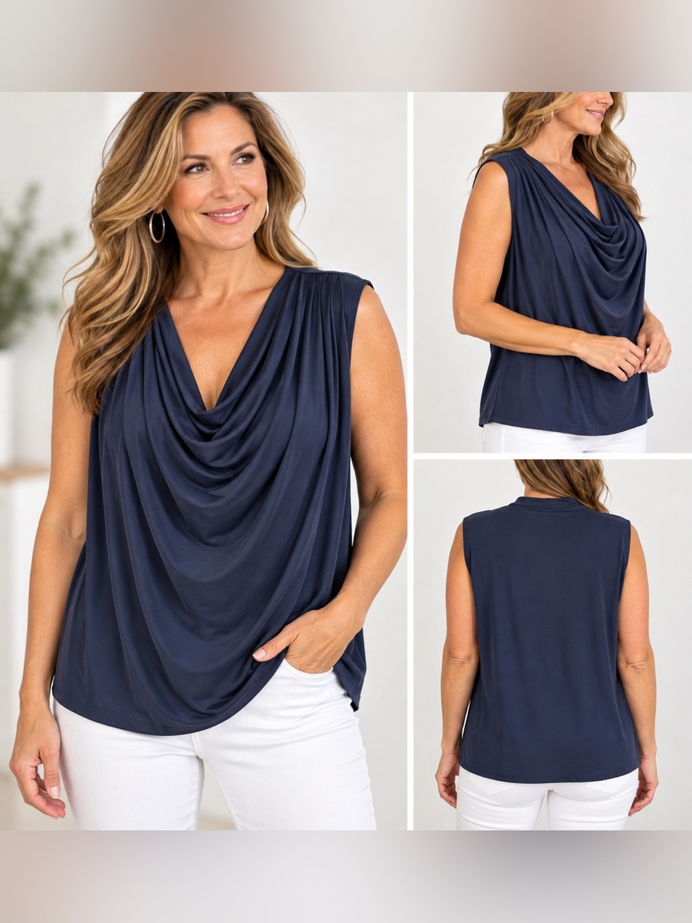 Carol Rose Navy Draped Cowl Neck Sleeveless Top – Plus Size – See Measurements